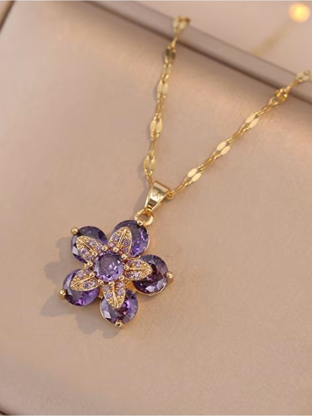 Gorgeous Gold and Purple Gemstone Flower Pendant Necklace - Picture 5 of 8